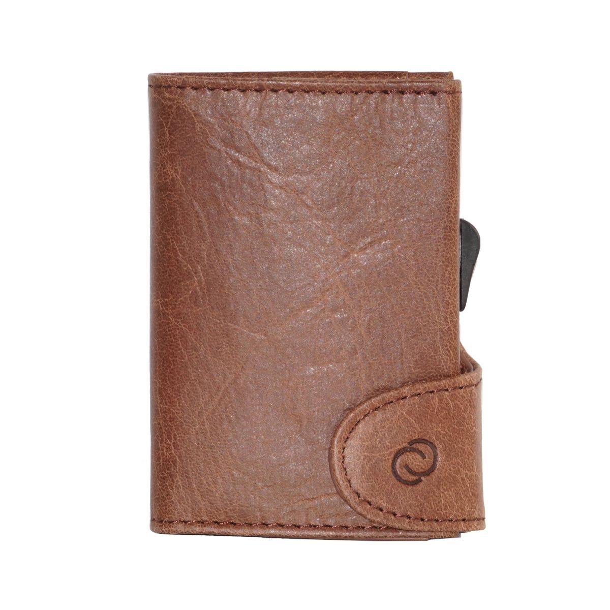 C-Secure Aluminum Card Holder with Genuine Leather and Coin Pouch - Dark Brown